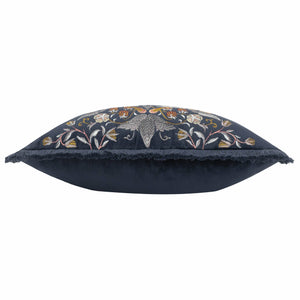 William Morris Strawberry Thief Embroidered Velvet Cushion Indigo