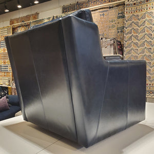 back view of custom swivel chair done in top grain blue leather