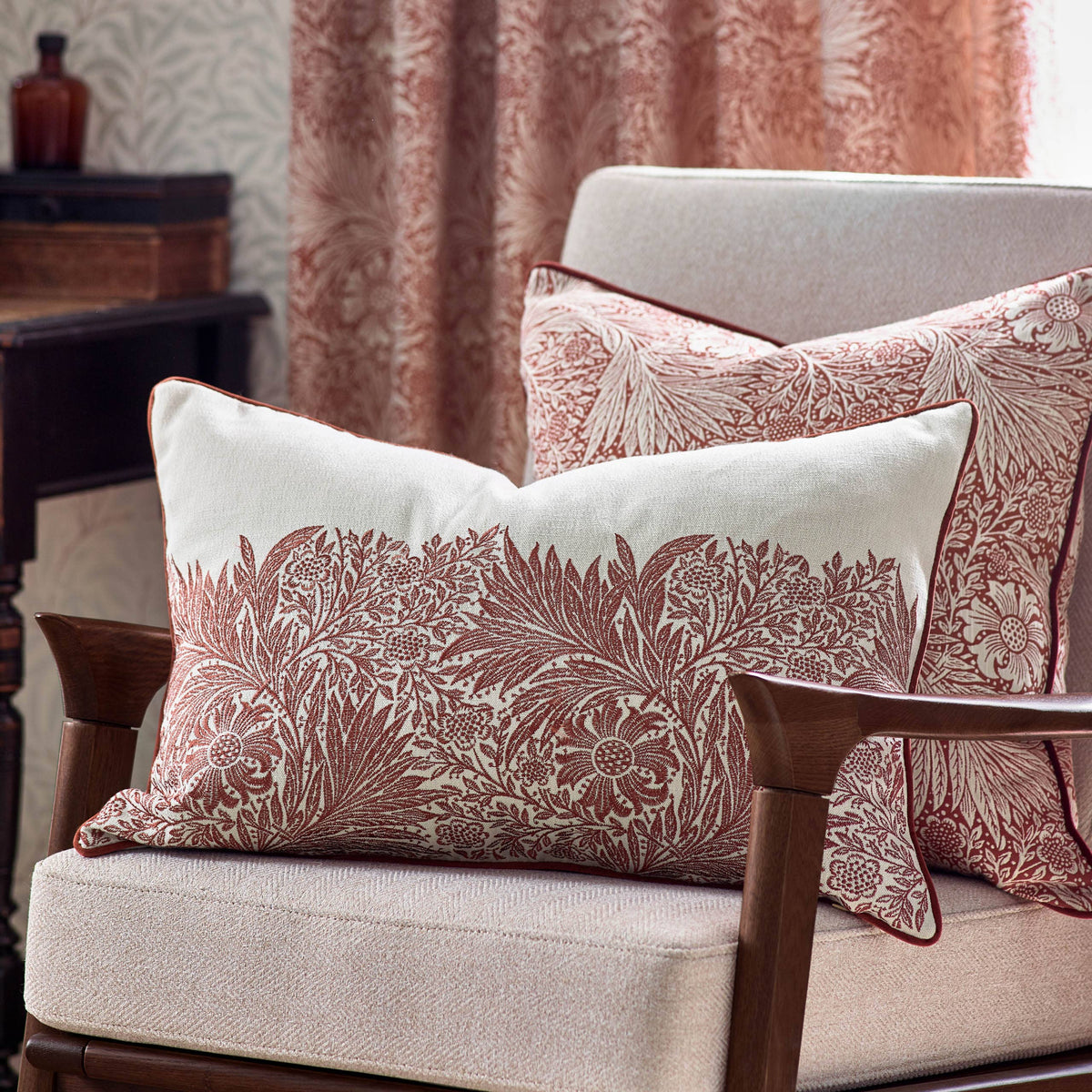 William Morris Marigold Embroidered Cushion-Russet