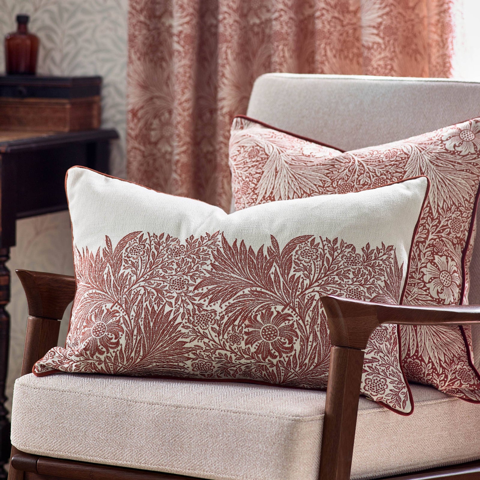 William Morris Marigold Embroidered Cushion-Russet