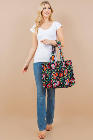 Floral Black Quilted Tote Bag