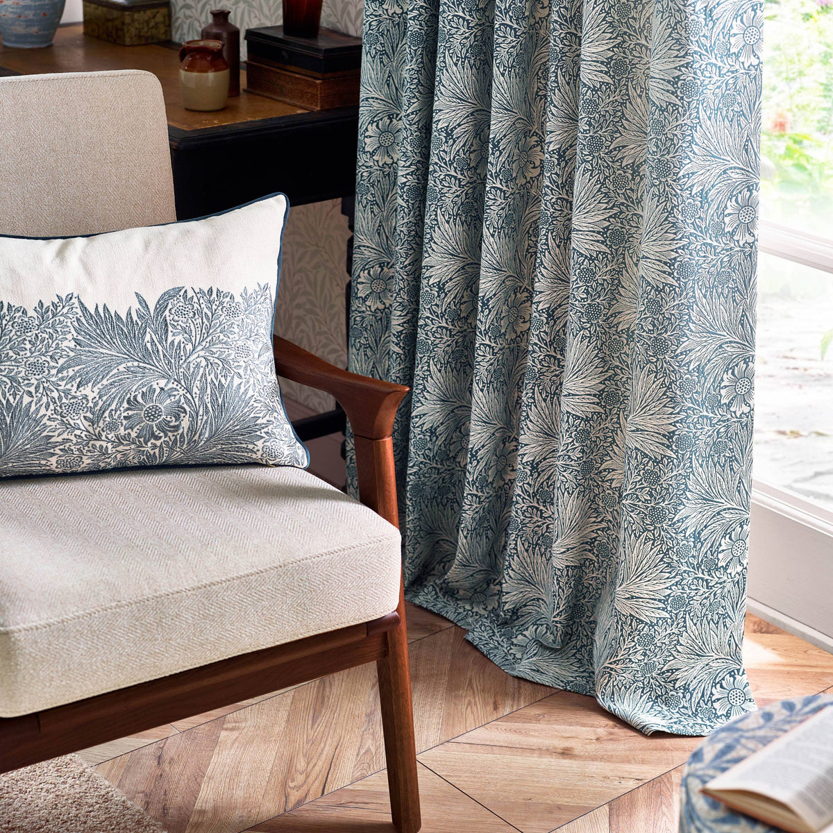 William Morris Marigold Embroidered Cushion-Indigo