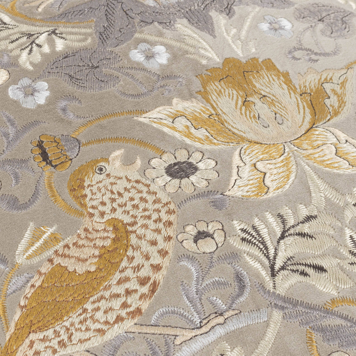 William Morris Strawberry Thief Embroidered Velvet Cushion-Biscuit