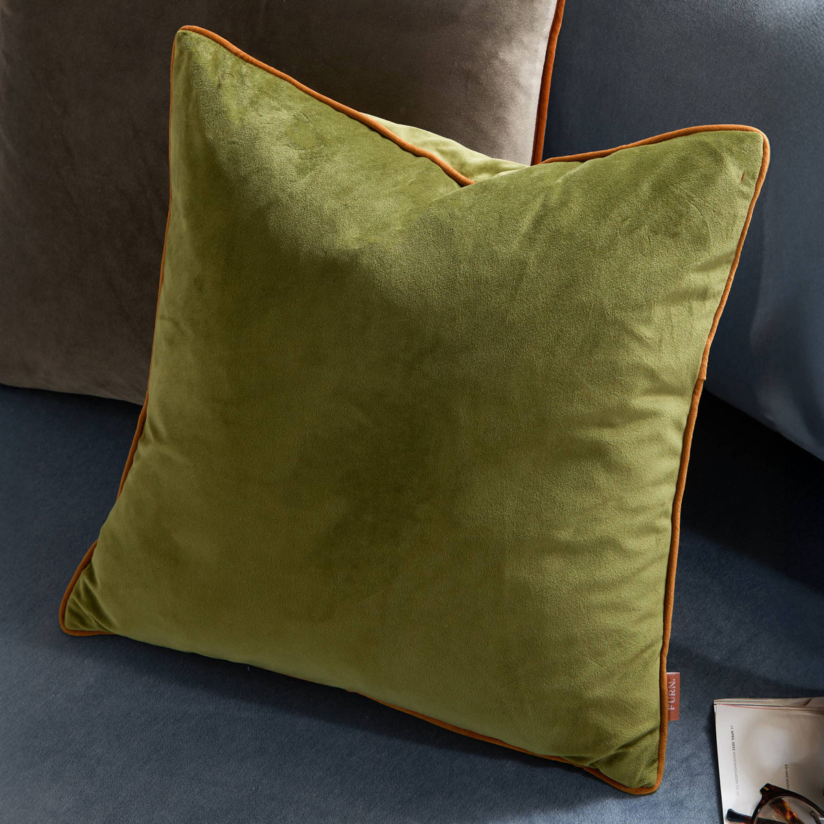 Meridian Velvet Cushion Olive/Ginger