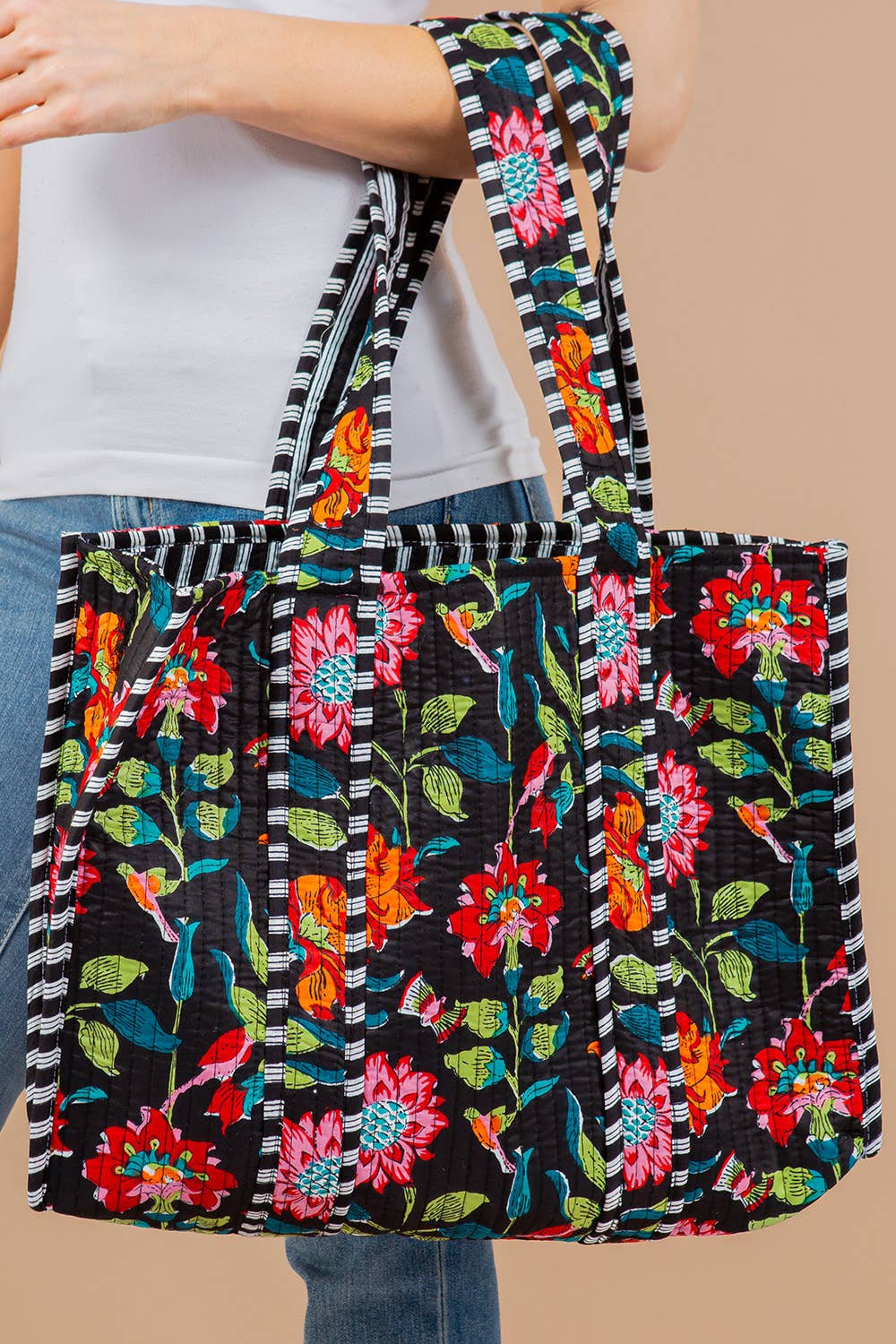 Floral Black Quilted Tote Bag