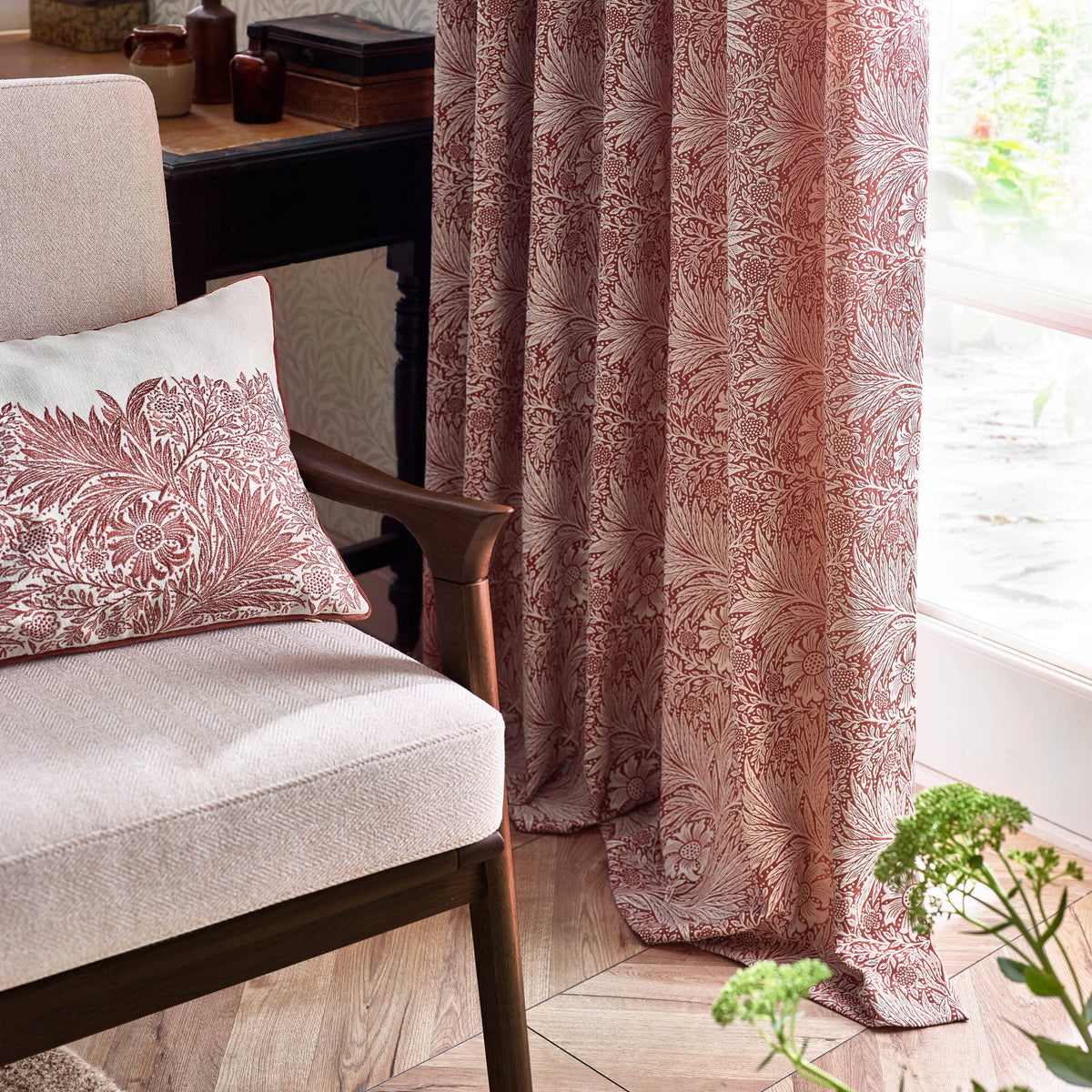 William Morris Marigold Embroidered Cushion-Russet