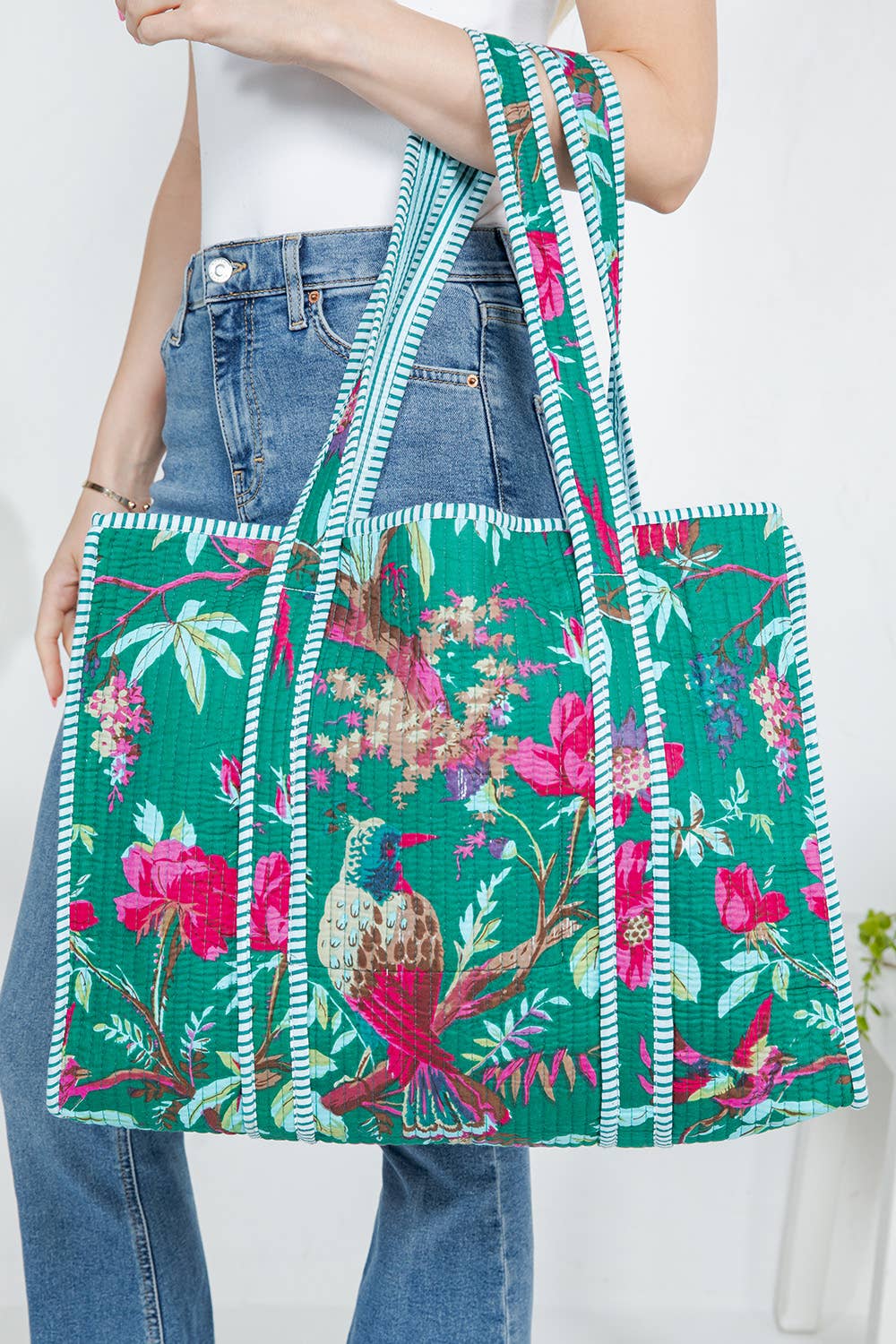 Floral & Bird Quilted Tote Bag