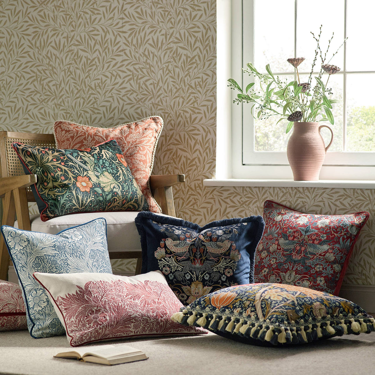 William Morris Marigold Embroidered Cushion-Russet