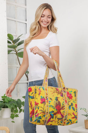 Floral & Birds Yellow Quilted Cotton Tote Bag