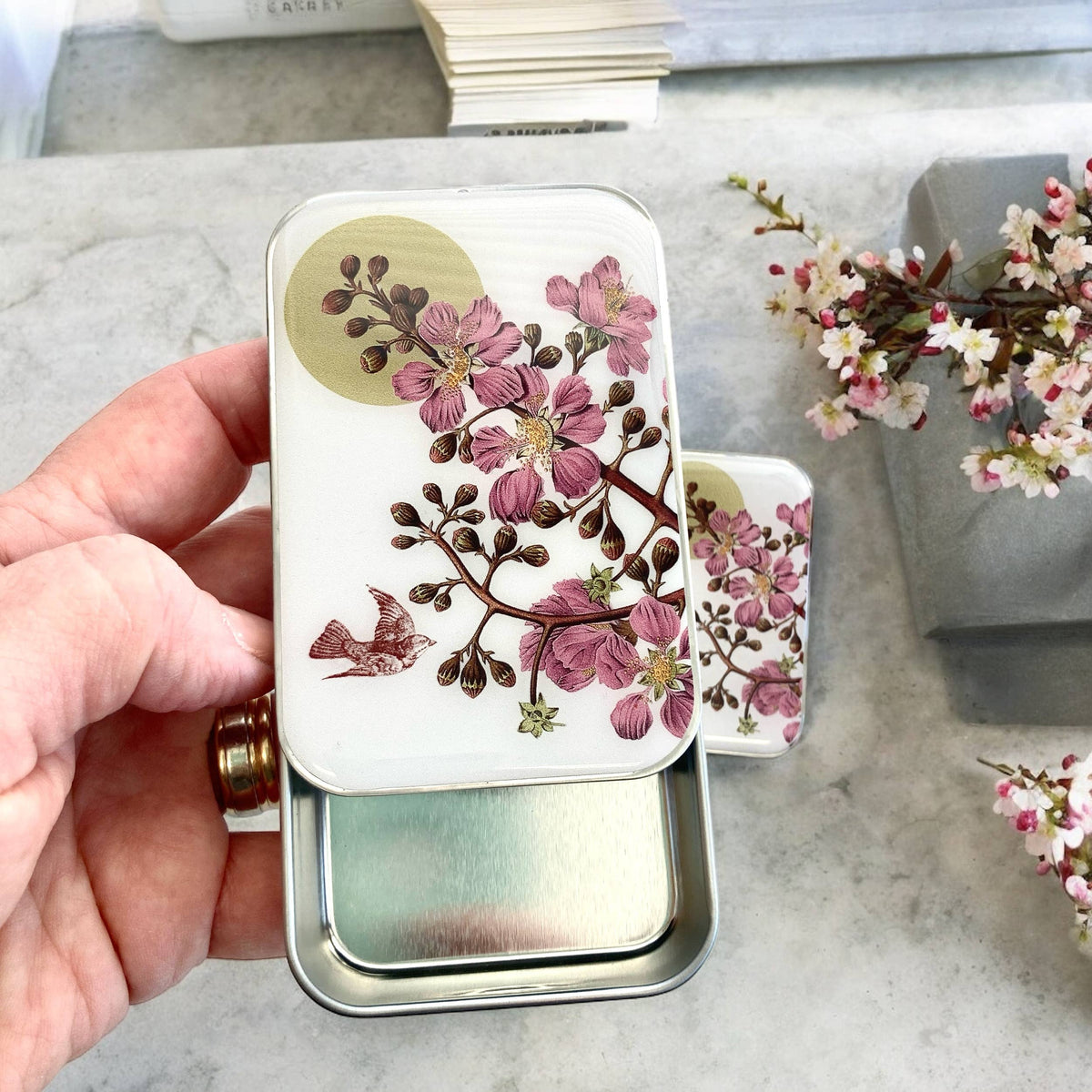 Cherry Blossom & Swallow Notions Tin