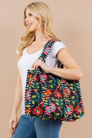 Floral Black Quilted Tote Bag