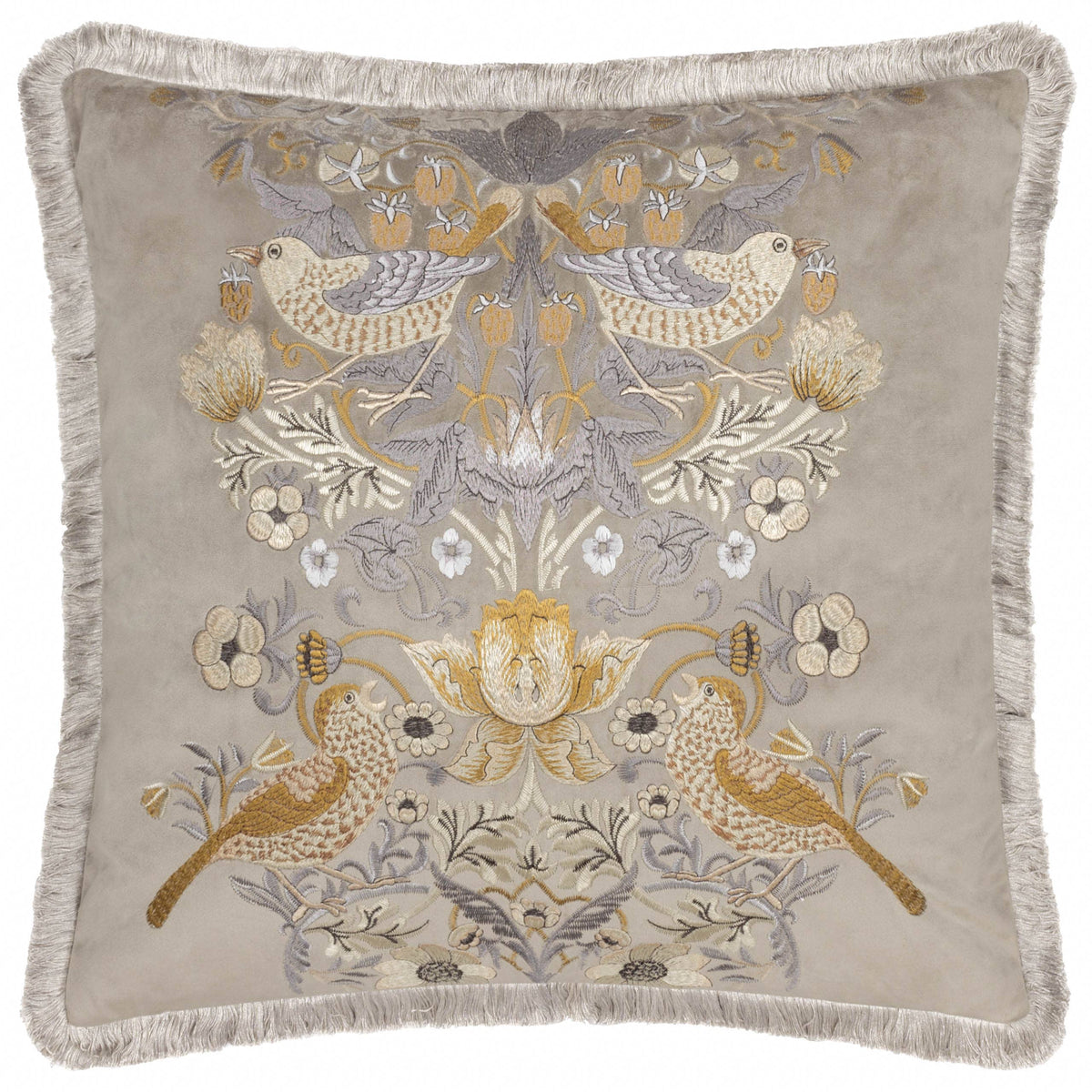 William Morris Strawberry Thief Embroidered Velvet Cushion-Biscuit