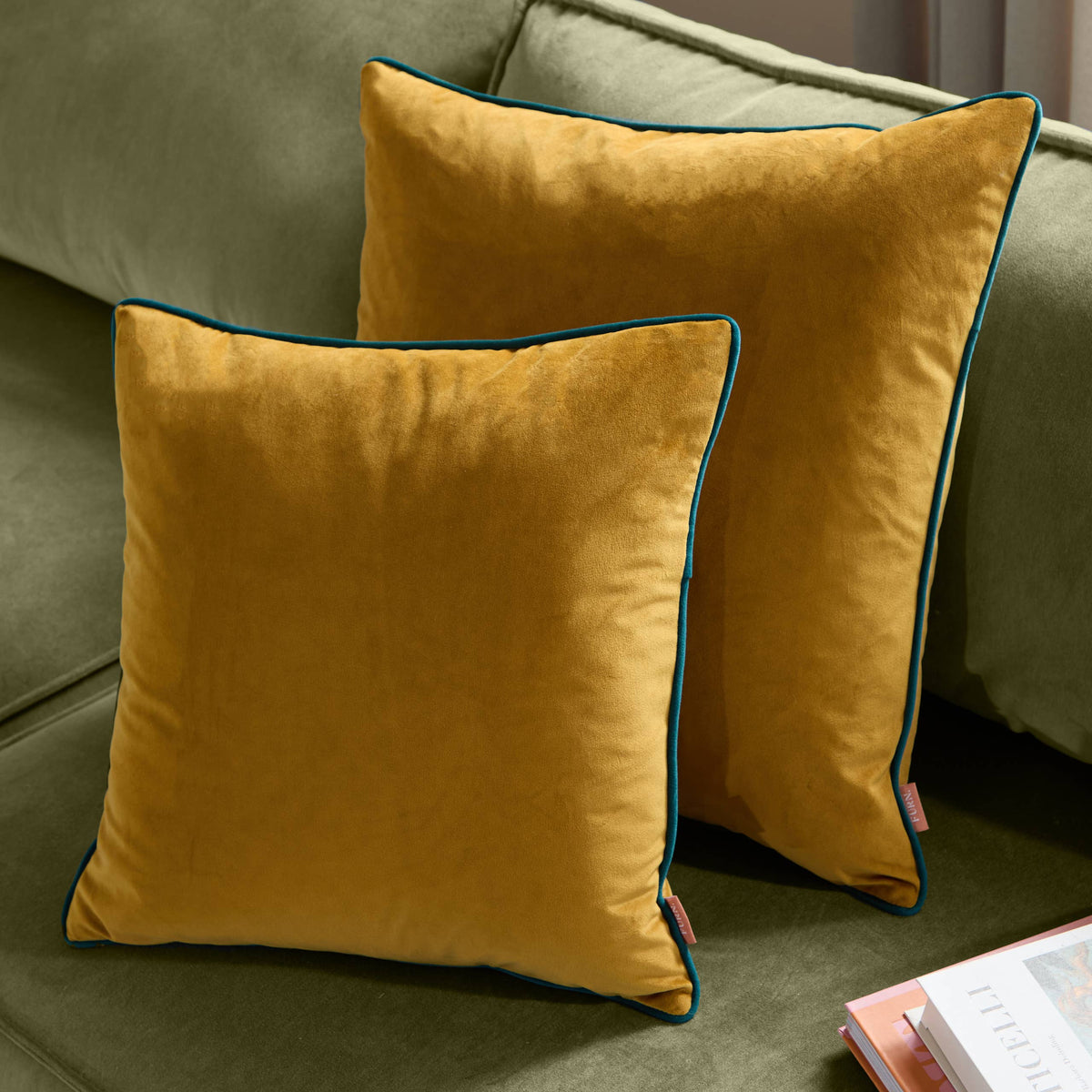Meridian Velvet Cushion Ochre/Teal