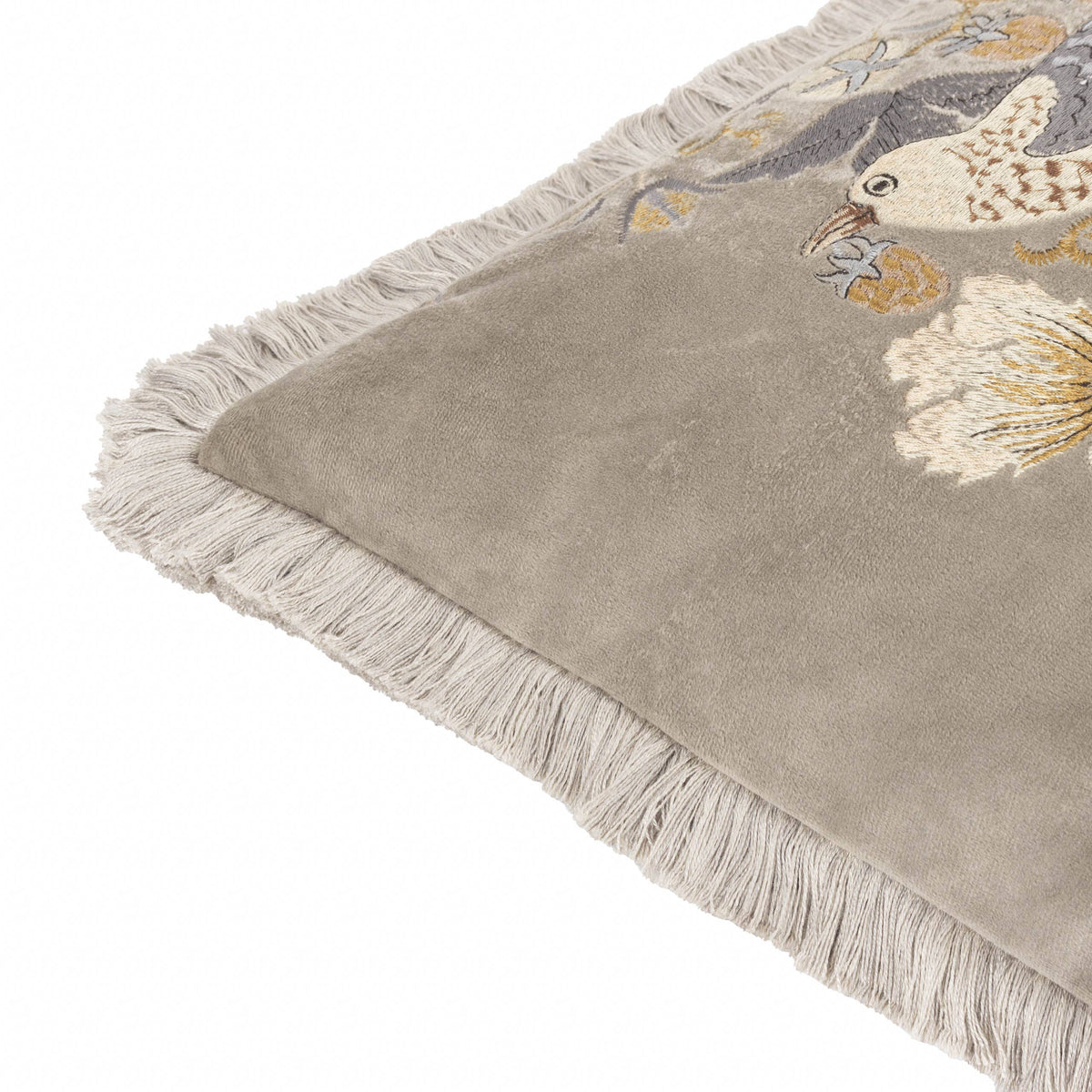 William Morris Strawberry Thief Embroidered Velvet Cushion-Biscuit
