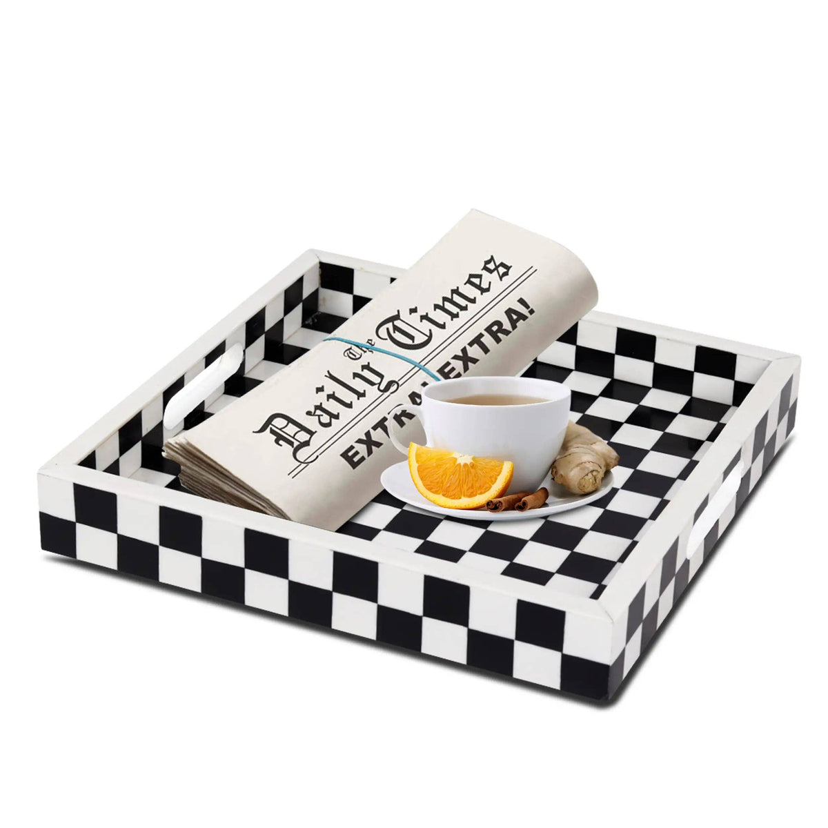 Checkered Black & White Decorative Tray 12x12 inch