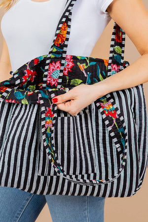 Floral Black Quilted Tote Bag