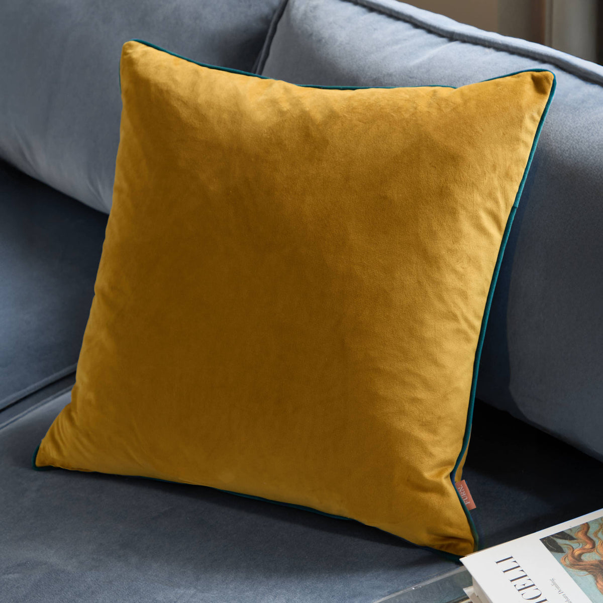 Meridian Velvet Cushion Ochre/Teal