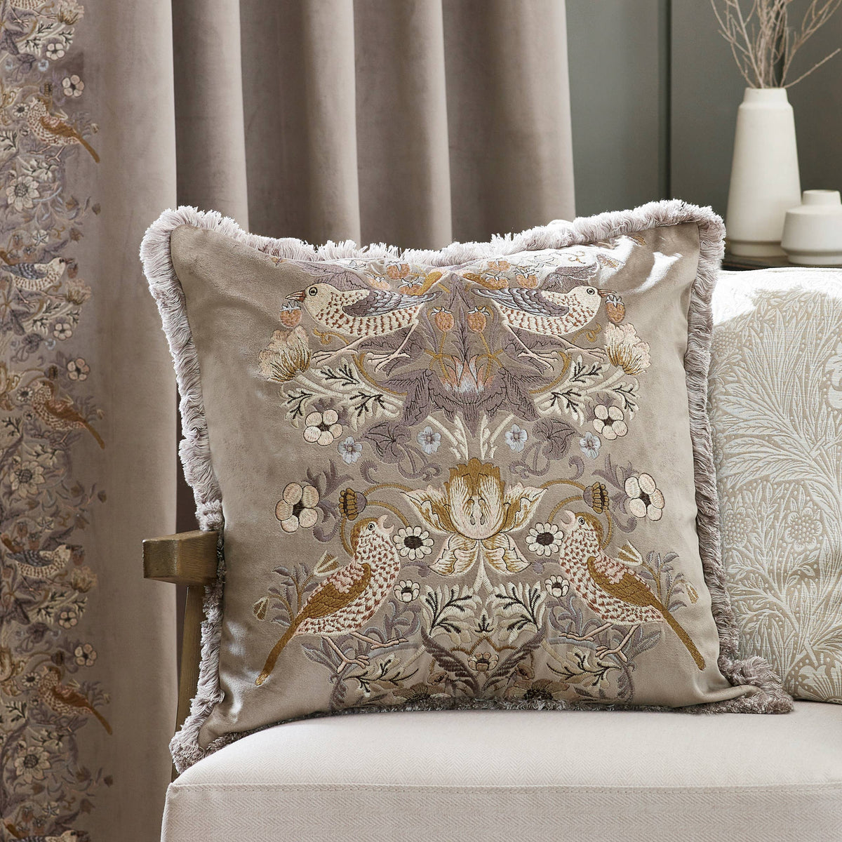 William Morris Strawberry Thief Embroidered Velvet Cushion-Biscuit